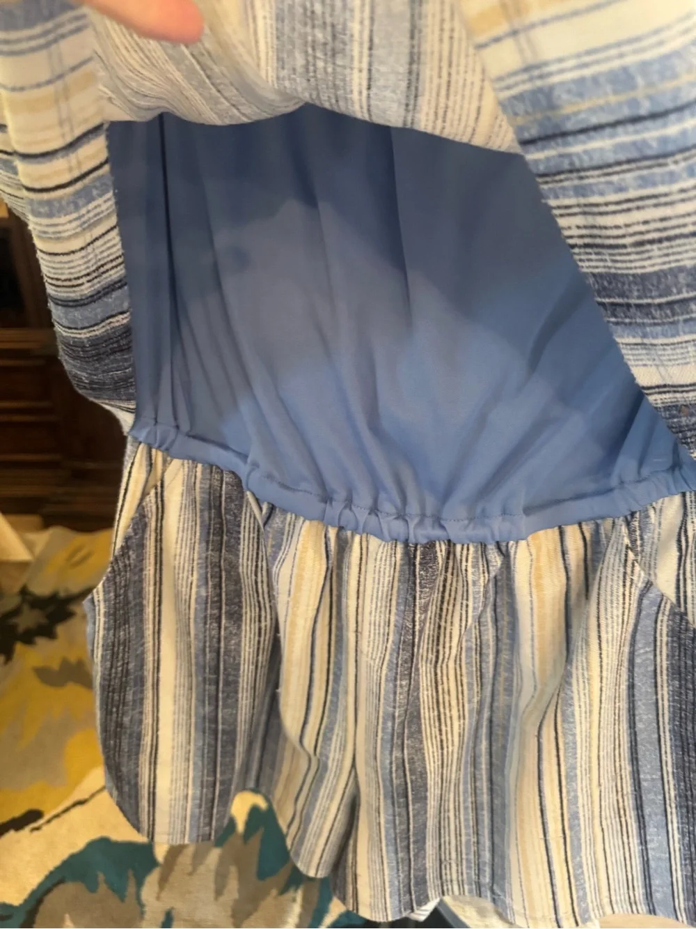 Bebop Striped Off-Shoulder romper in Blue and Cream large